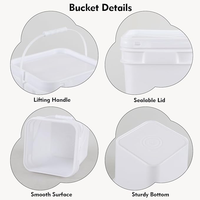3 Gallon Plastic Bucket with Lid, 4-Pack Square Bucket Pail Food Grade, White