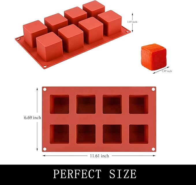 Large Square Silicone Molds, 2 Pack Candy Cake Mould, 8-Cavity Chocolate Molds for Baking Mousse Cake Dessert Cheesecake Pop Truffle Caramels Jelly Brownie for Party