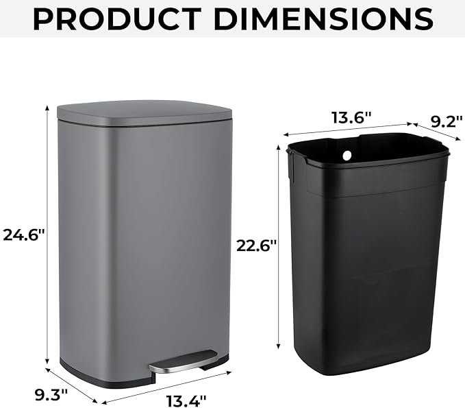 8 Gal Kitchen Trash Can, 30L Recycling or Garbage Bin, Brushed Stainless Steel Waste Basket, Soft&Quiet Close Dustbin, with Step-On Pedal, Removable Inner Bucket, for Home, Office, Living Room