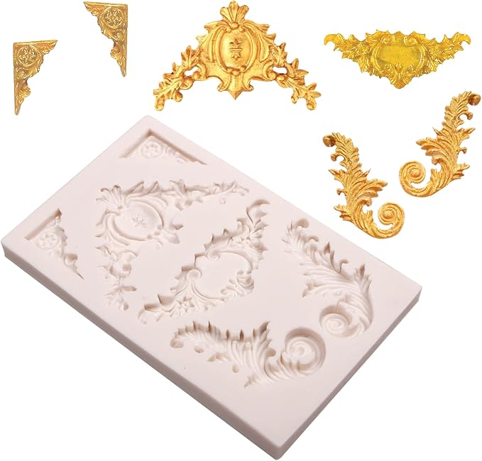 Baroque Silicone Molds Relief Chocolate, Border Feather Scroll Mold for Wedding Cake Decoration, Cupcake Toppers Clay Candy