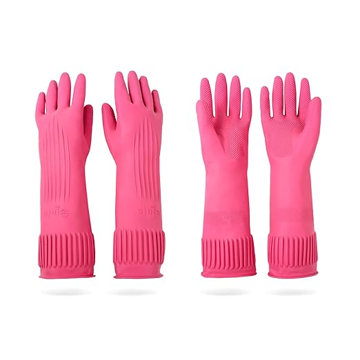 Mamison 2 Pairs Reusable Waterproof Household Dishwashing Cleaning Rubber Gloves, Non-Slip Kitchen Glove (Pink, Medium (Pack of 2))