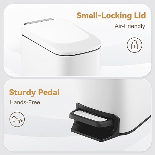 Slim Bathroom Trash Can with Lid Stainless Steel Garbage Can with Removable Inner Bucket Small Wastebasket with Step Pedal for Toilet Office Bedroom (Matte White, 1.8 Gallons)