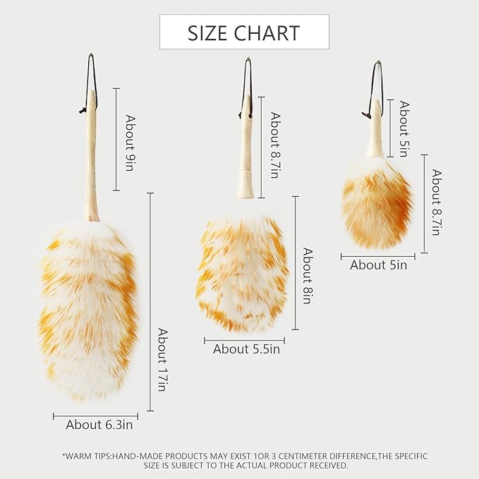 Lambswool Duster 14'' Length Solid Wooden Handle Leather Hang Strap for Cleaning Ceiling Fans Window Blinds Computer Furniture Figurines TV Natural Feather Duster,Yellow+White