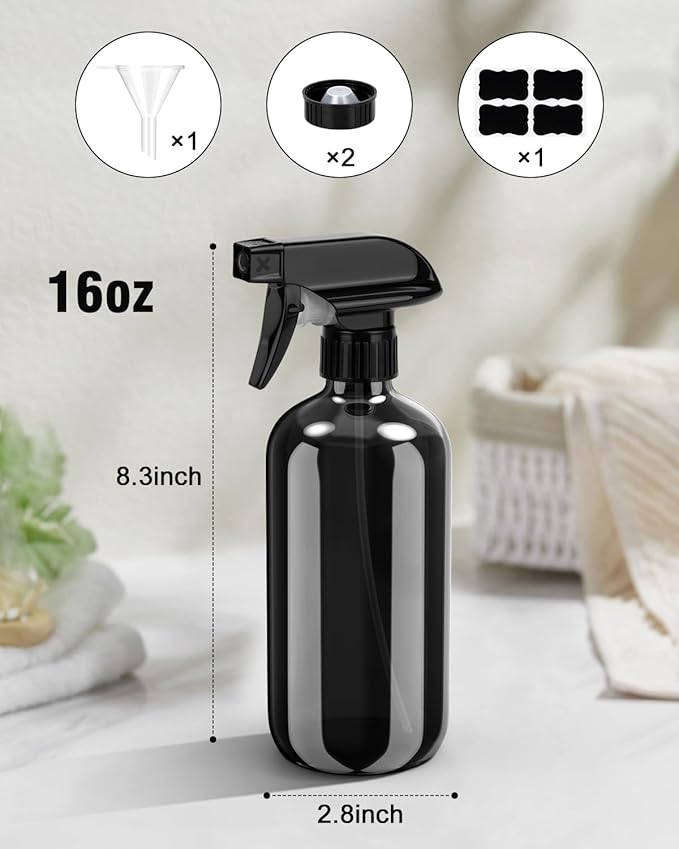 Glass Spray Bottle, Black Glass Spray Bottle Set & Accessories Refillable for Plants Window Cleaners Aromatherapy Facial hydration Watering Flowers Hair Care (2 Pack/16oz) (Black)