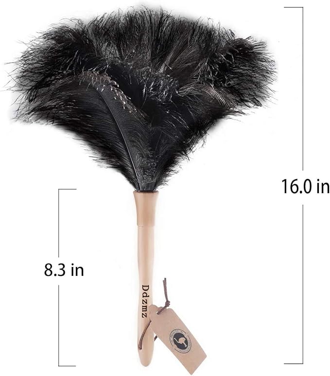 Feather Duster, Ostrich Feather Duster Ddzmz Fluffy Natural Genuine Ostrich Feathers and Reusable Wooden Long Handle Large Ostrich Feather Duster Cleaning for Housewife Black Length 16" 1Pack