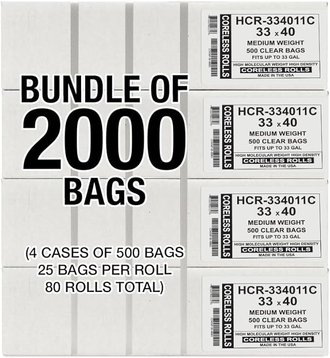 Aluf Plastics High Density Trash Bags, 33 Gallon, 2000 Count, 11 Micron (eq), 33" x 40", Clear, for Bathroom, Office, Industrial, Commercial, Janitorial, Municipal, Recycling