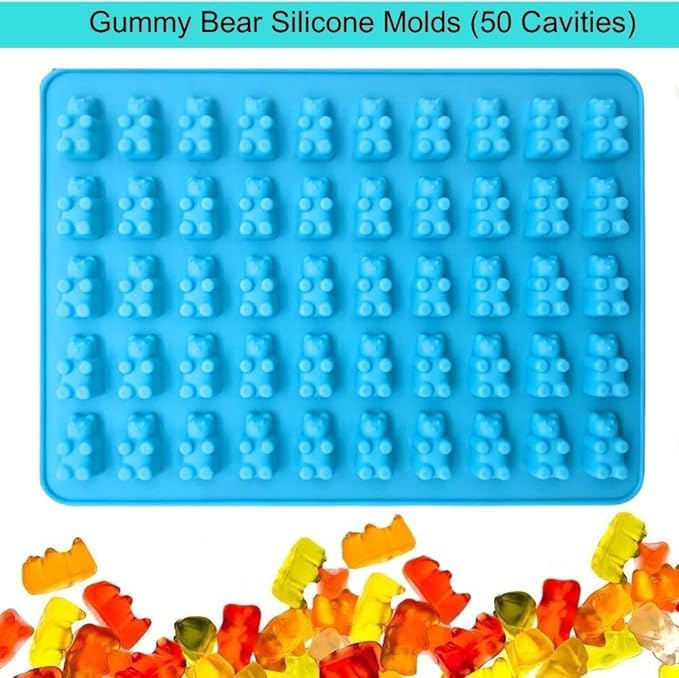 2 Piece Gummy Bear Silicone Molds, Non-Stick Chocolate Candy Mold with 2 Droppers Food Grade (Purple+Blue+Pink+Green+Red)