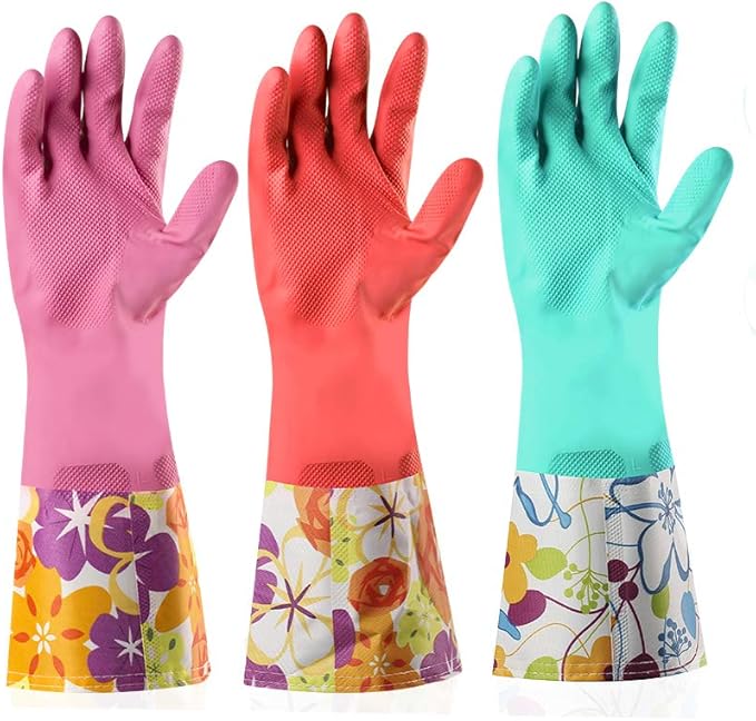 Dishwashing Rubber Gloves 3 Pairs, Aixingyun Non-Slip Household Laundry Kitchen Cleaning Gloves, Reusable PU Waterproof Latex Gloves Gift for Mom (Large, 3 Pairs)