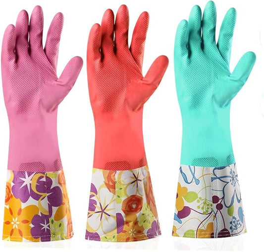 Dishwashing Rubber Gloves 3 Pairs, Aixingyun Non-Slip Household Laundry Kitchen Cleaning Gloves, Reusable PU Waterproof Latex Gloves Gift for Mom (Large, 3 Pairs)