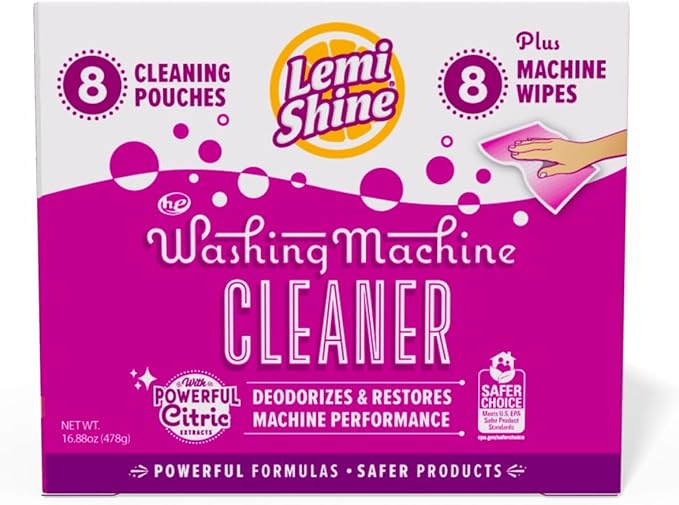 Lemi Shine Washing Machine Cleaner - Hard Water Citric Acid Cleaning Powder - Includes Machine Cleaning Wipes - 16.88 oz (8 Pack)