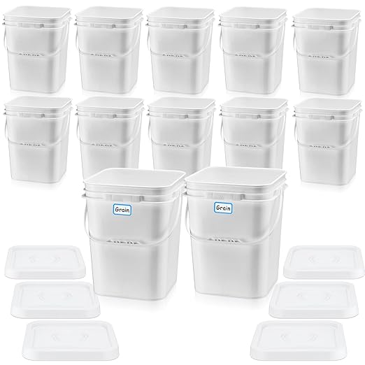 Vesici 12 Pcs 5 Gallon Square Bucket Pail with Plastic Handle and Lid Heavy Duty Storage Food Container with DIY Label Sticker for Food Multipurpose Paint Water Crafts Project (White)