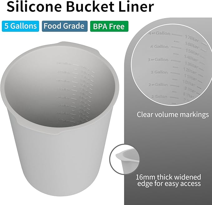 5 Gallon Silicone Bucket Liner - Reusable Measuring Mixing Liner for Concrete, Mortar, Grout, Paint - Food Grade Non-Stick with Measurement Marks - Easy to Clean & Durable (Gray)
