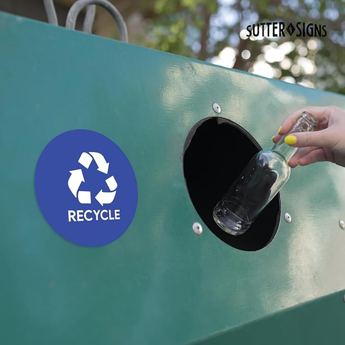 Sutter Signs 3pk Recycle Stickers for Trash Bins | 4" Weatherproof Waste Management Label Sign Decals for Garbage Cans, Outside Waste, and Recycling Bins
