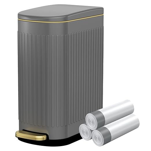 KUK Slim Bathroom Trash Can with Lid, 2.6 Gallon (10 L) Stainless Steel Step Small Garbage Can with Removable Inner Bucket, Soft Close, Anti-Fingerprint Finish (Gray)