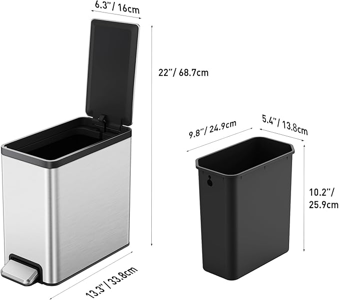 EKO Slim Small Bathroom Trash Can with Lid, Stainless Steel Small Garbage Can with Removable Inner Bucket, 6L / 1.6 Gal, Step On Trash Bin