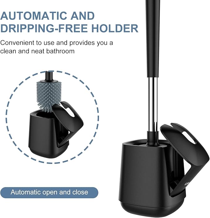 SetSail Silicone Toilet Bowl Brush and Holder Automatic Toilet Brushes for Bathroom with Holder Ventilated Toilet Cleaner Brush for Toilet Scrubber Cleaning - Black (2 Packs)