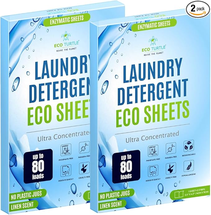 Eco-Friendly 80 Loads Ultra Concentrated Laundry Detergent Sheets Stain-Fighting Enzymes & Plant Powered, Washer Sheets, Space Saving, Travel Friendly for Hot/Cold Cycles - Pack of 2