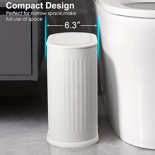 Anzoymx Bathroom Trash Cans White Stainless Steel Small Garbage Can with Pop up Lid, 1.8 Gallons Dog Proof Narrow Wastebasket, Slim Litter Trash Bins for Bedroom, Toilet, Office