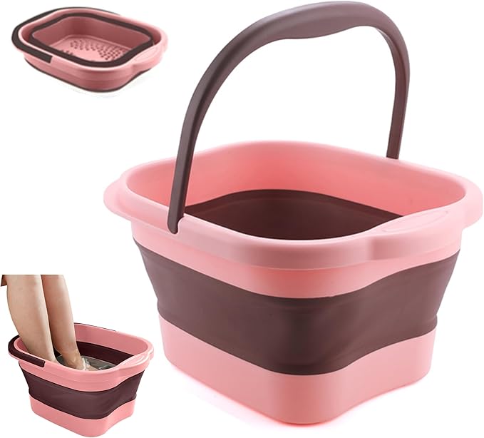 Collapsible Foot Spa Bath Soaking Tub for Girls Women, Inflatable Feet Soak Basin Bucket with Handle and Feet Massaging Acupoint, Pink