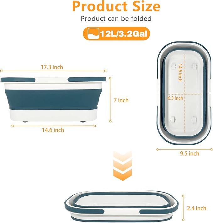 Collapsible Plastic Bucket with Wheels 12L (3.17 Gallon) for House Cleaning, Camping, and RV - Multi-Purpose Rectangular Handy Basket for Cleaning Mop - Lightweight and Portable (Blue)