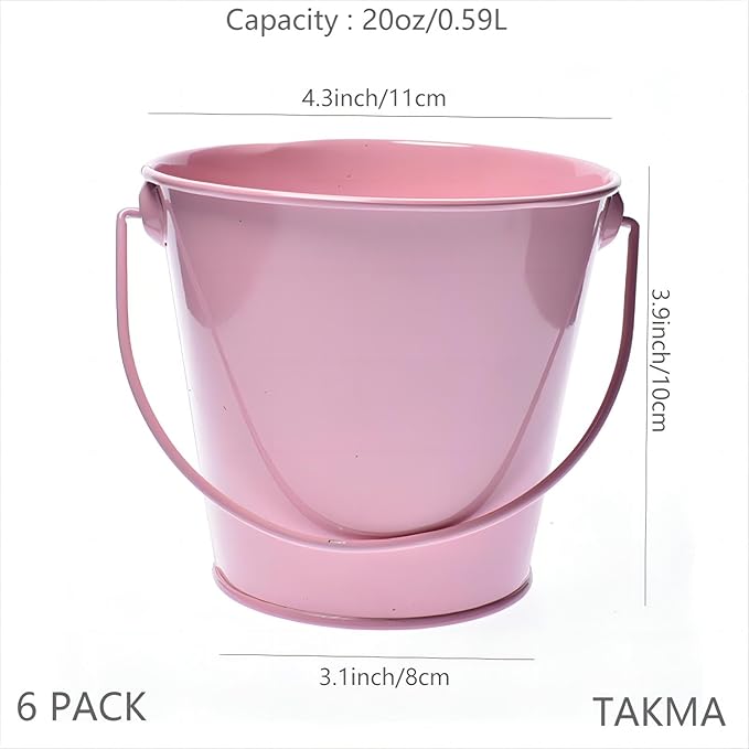 Small Metal Buckets with Handle, 6 Pack 4.3 Inch Colored Galvanized Bucket for Kids,Classroom,Crafts,and Party Favors (Pink, 4.3" Top)
