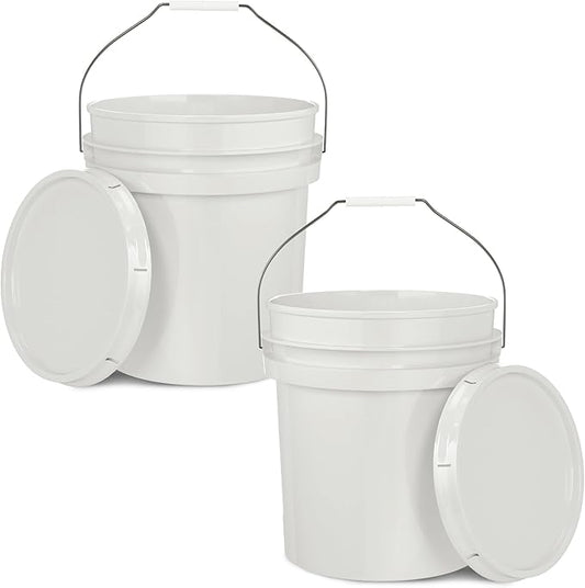5-Gallon White Bucket Pail Container with Lid | Food Grade | Heavy-Duty Extra Durable | Metal Handles with Plastic Grip for Easy Carrying | Multi-Use | Easy Stack and Store | BPA Free -2 Pack