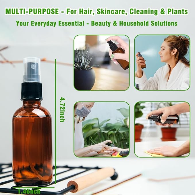 2oz Amber Glass Spray Bottles for Essential Oils, Hair, Skincare, Cleaning & Travel,4-Pack Small Empty Spray Bottle