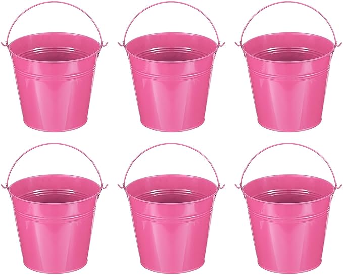 PATIKIL 5.9"x5.1" Small Metal Buckets with Handle, 6 Pcs Mini Galvanized Bucket Colorful Easter Buckets for Crafts Party Favors Decoration, Rose Red