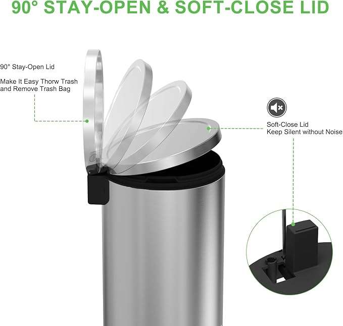 Trash Can with Lid - 30 Liter/8 Gallon Round Stainless Steel Trash Can with Odor Protection Kitchen Garbage Cans with Soft-Close Foot Pedal Step Bin for Bathroom Home Kitchen Office