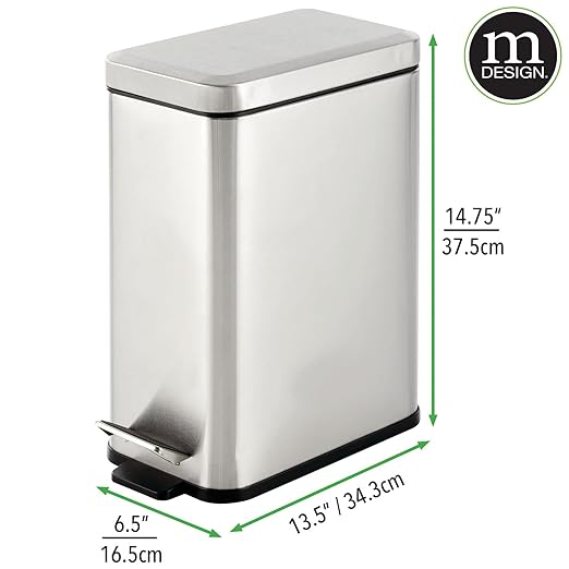 mDesign Pedal Bin — Waste Bin with Pedal, Lid and Plastic Bucket Insert for Bathroom, Kitchen, and Office — Metal Household Rubbish Bin with Ergonomic Design — Brushed Silver