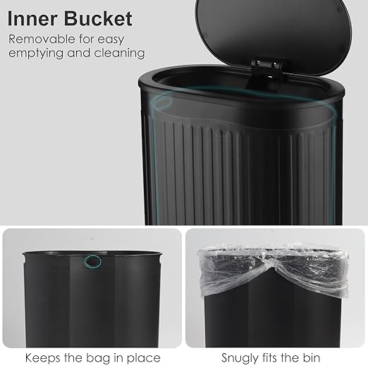 Anzoymx Bathroom Trash Cans Black Stainless Steel Small Garbage Can with Pop up Lid, 1.8 Gallons Dog Proof Narrow Wastebasket, Slim Litter Trash Bins for Bedroom, Toilet, Office