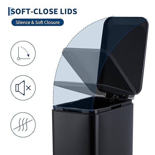 Garvee 13 Gallon Kitchen Trash Can, Stainless Steel Step Garbage Bin with Soft-Close Lid & Removable Bucket, Fingerprint Proof, Slim for Narrow Spaces, Bathroom or Office (Black+Silver, 13 Gallon)