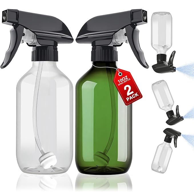 2 Packs Plastic Spray Bottles 360° Water Spray Bottle for Cleaning - 10 oz/300 ml Upside Down Spray Bottle Small Squirt Bottle with Adjustable Nozzle for Hair, Cooking, Plant, Pet (Clear + Green)