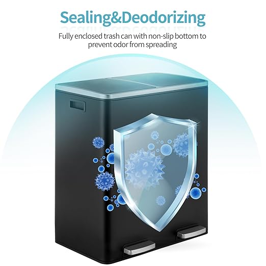 16 Gallon Rectangular Stainless Steel Trash Can, Dual Compartment Garbage Bin with Recycling Combo, Metal Dustbin Lid, Removable Liner, Indoor Hands Free Waste Bucket for Kitchen Home