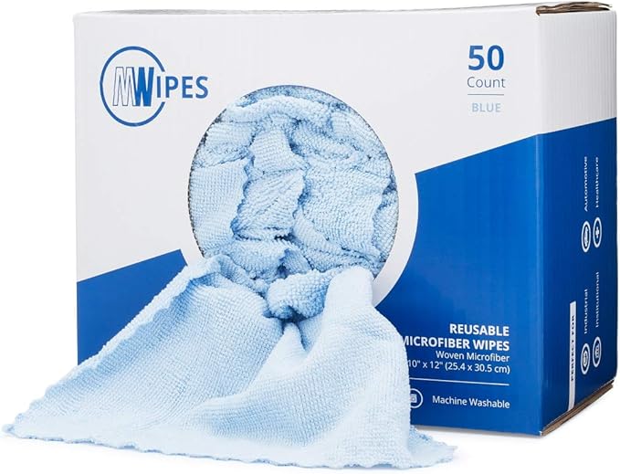 Microfiber Rags in A Box (50 Count) - Mwipes - 10" x 12" Reusable Wipes for Cleaning - Edgeless Terry Towels, Shop Rags, Wash, Dust, Disposable, House, Small Cleaning Cloths (Blue)