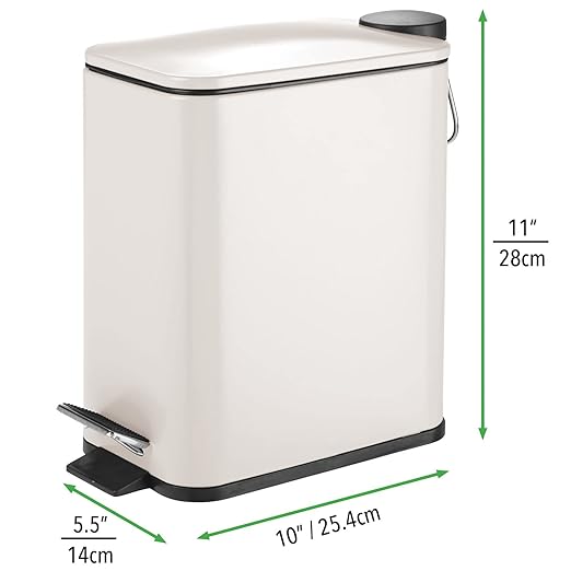 mDesign Rectangular Pedal Bin – 5 L Metal Waste Bin with Pedal, Lid and Plastic Bucket Insert – Household Rubbish Bin for Bathroom, Kitchen and Office – Beige