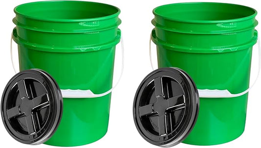 House Naturals 5 Gallon Container, Food Grade BPA Free Made in USA Green Plastic Bucket with Screw on air Tight Lid, Pack of 2