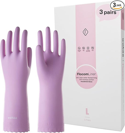wahoo 3 Pairs Skin-Friendly Cleaning Gloves, Reusable Dishwashing Gloves with Flocked Cotton Liner, Dishwashing, Kitchen,Mauve Mist, Large