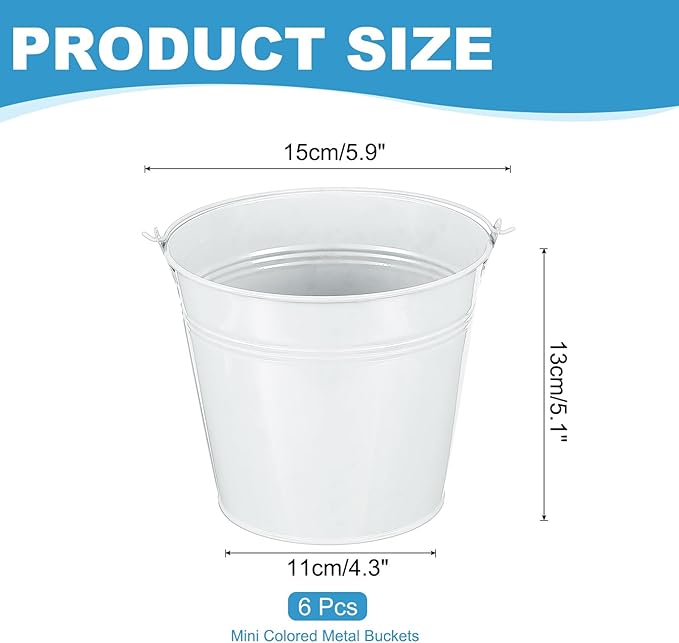 PATIKIL 5.9"x5.1" Small Metal Buckets with Handle, 6 Pcs Mini Galvanized Bucket Colorful Easter Buckets for Crafts Party Favors Decoration, White