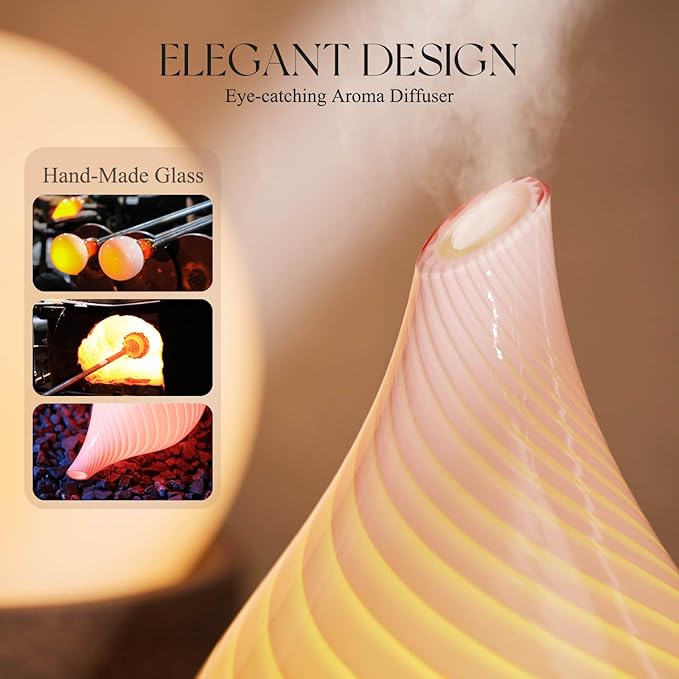 Porseme 150ml Essential Oil Diffuser Glass Color Changing Aroma Air Diffusers Aromatherapy Ultrasonic Cool Mist Humidifier 6 Running Hours Waterless Auto-Off for Sleeping Yoga Office Spa (Pure Pink)