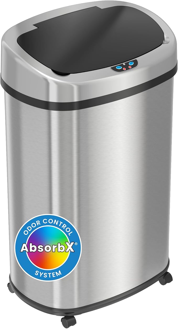 iTouchless Glide 13 Gallon Sensor Trash Can with Wheels and Odor Control System, Stainless Steel, Oval Shape Automatic Kitchen and Office Garbage Bin (Powered by Battery or Optional AC Adapter)