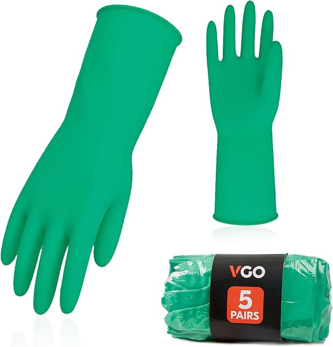 Vgo... 5-Pairs Reusable Household Gloves, Rubber Dishwashing gloves, Extra Thickness, Long Sleeves, Kitchen Cleaning, Working, Painting, Gardening, Pet Care (Size L, Green, HH4601)