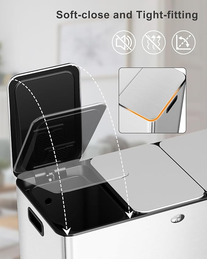 GarveeHome Trash Can 90L/23.8Gal, Three Compartments Pedal Kitchen Recyclingtrash Bin with Lids,Stainless Steel Garbage Can for Home Office Restaurant School Hospital