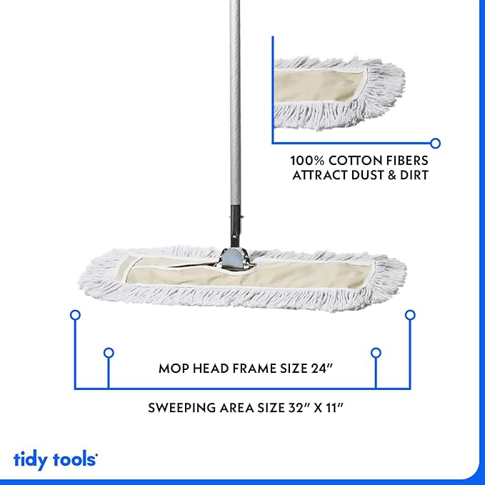 Commercial Dust Mop – 24 Inch Floor Sweeper for Hardwood, Reusable Cotton Mop Head, Extendable Handle, Dry Mop for Floor Cleaning & Janitorial Supplies