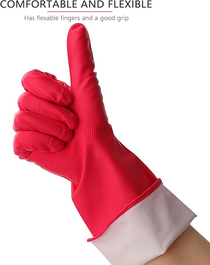 3 Pairs Rubber Cleaning Gloves Latex Free Dishwashing Gloves - 13" Reusable Nitrile Gloves Small, Orange+Pink+Red