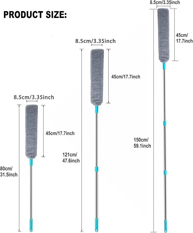 Retractable Gap Dust Clean Under Appliance Microfiber Duster Dust Cleaning Brush with Extendable 3 Pole (31.5''-59.1''),Bendable Removable Washable Gap Dust Cleaner for Sofa Bed Furniture Bottom