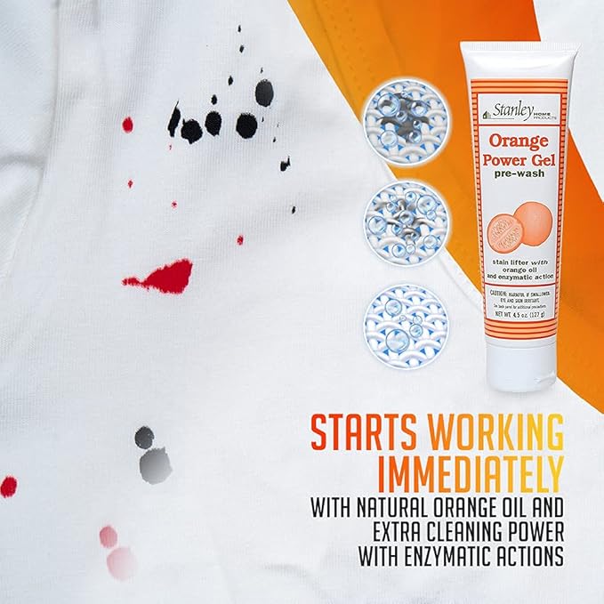 Stanley Home Products Orange Power Gel Pre Wash - Laundry Stain Remover - Spot Treat Tough Stains Works Immediately Cleans and Deodorizes Fabrics Ideal for Blood Oil Grease and More (6 Pack)