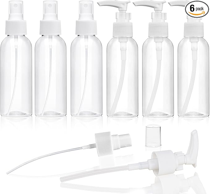 Travel Bottles Fine Mist Spray Bottle Pump Bottles Dispenser 3.4oz/100ml 6 Pack Clear Plastic Tsa Approved Reusable Container for Shampoo Lotion,Cleaning Solutions,Plants,Pet,Essential Oils, Hair,Cook