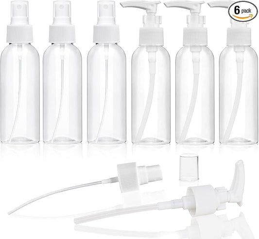 Travel Bottles Fine Mist Spray Bottle Pump Bottles Dispenser 3.4oz/100ml 6 Pack Clear Plastic Tsa Approved Reusable Container for Shampoo Lotion,Cleaning Solutions,Plants,Pet,Essential Oils, Hair,Cook