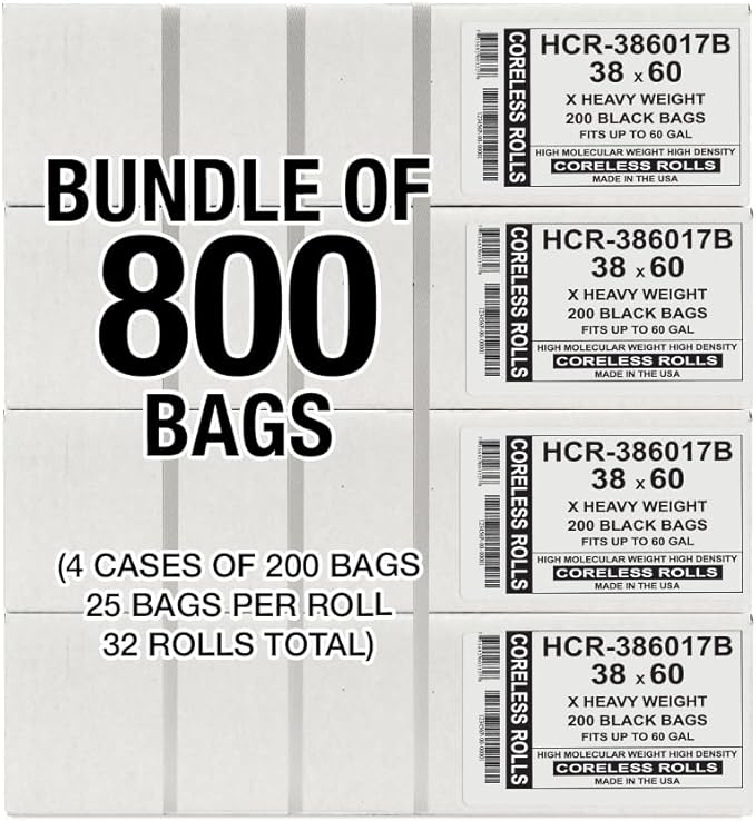 Aluf Plastics High Density Trash Bags, 60 Gallon, 800 Count, 17 Micron (eq), 38" x 60", Black, for Bathroom, Office, Industrial, Commercial, Janitorial, Municipal, Recycling